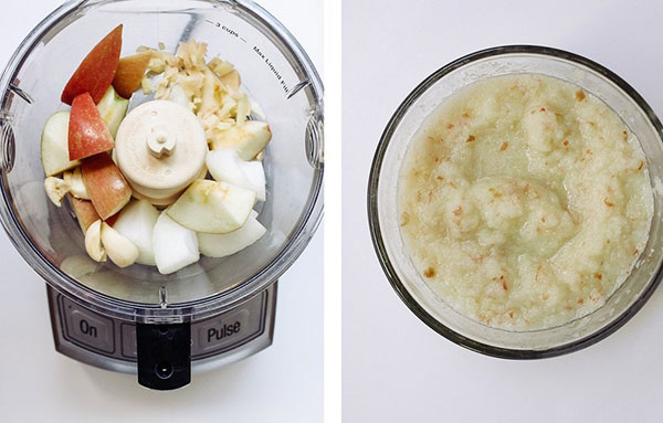 سیب، پیاز، زنجبیل و سیر را در یک غذاساز با هم مخلوط کنید