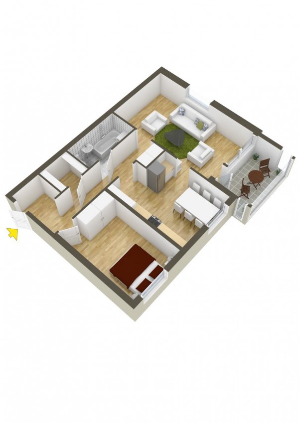 نقشه سه بعدی خانه ویلایی یک خوابه