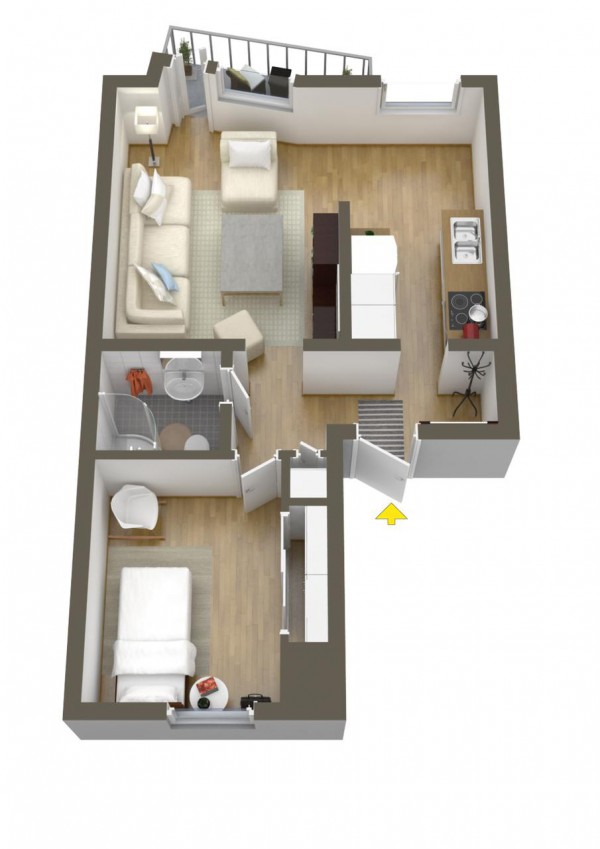 نقشه سه بعدی آپارتمان یک خوابه