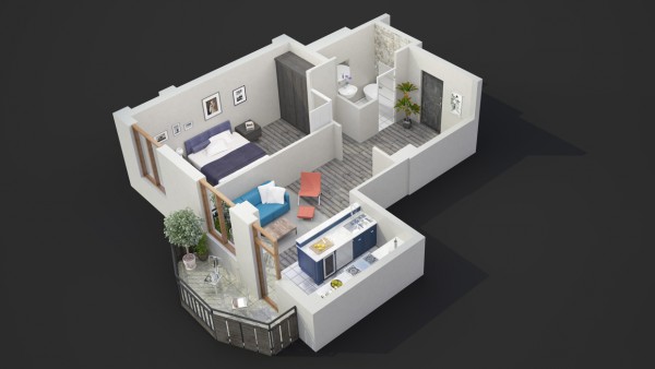 نقشه سه بعدی خانه یک خوابه