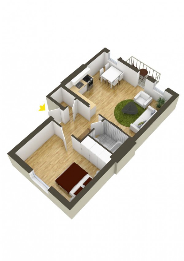 پلان چیدمان سه بعدی آپارتمان یک خوابه
